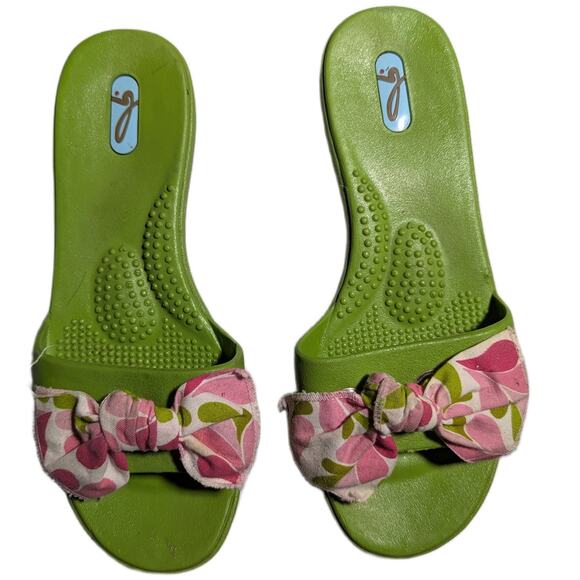 Vtg Y2K Oka B Lime Green Plastic Pink Floral Bow Slide Sandals M 6.5 - 7.5 - Picture 1 of 5